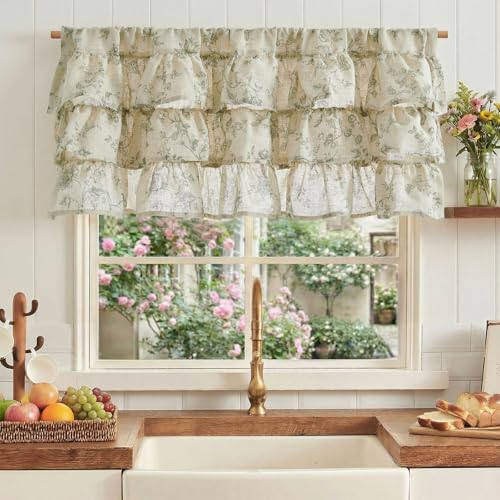 jinchan Amlie Ruffled Floral Valance Curtain 1 Panel 18 Inch Green on Linen - color: Amlie Sage Green on Linen