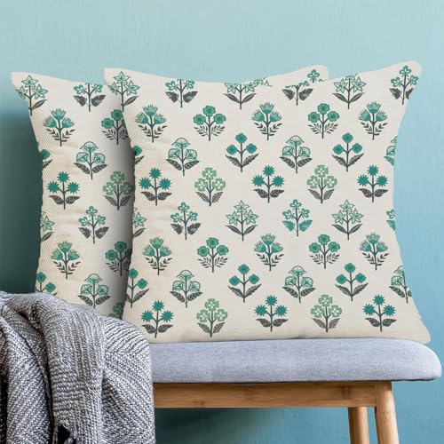 Aqua Teal Pillow Covers 18 x 18 Inch Set of 2 Boho Sage Green Floral Spring Summer Outdoor Decor Throw Pillows Vintage Flower Seasonal Linen Farmhouse Decorative Pillowcases for Couch Bed Sofa - color: Aqua Teal Floral Boho, size: 18" x 18" (Pack of 2)