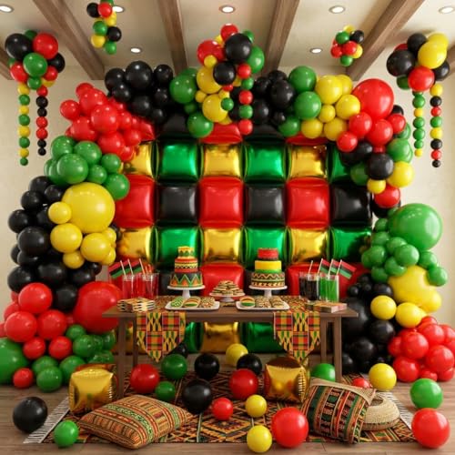 36pcs Red Green Gold Black Square Foil Balloons Wall Backdrop with 124pcs Balloon Garland Arch Kit, Double Sided Balloons for Juneteenth 1865 Freedom Day Supplies African American Baloons - color: Red Black Green Gold
