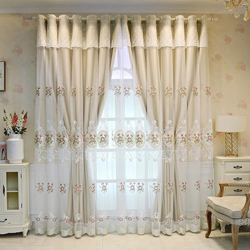 Amidoudou 1 Pair European Double Layer Curtains with Valance for Living Room Bedroom Floral Embroidered Curtains (Beige,51x96 Inch) - color: Beige, size: 51"W x 96"L (Pack of 2)