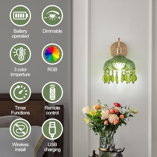 Vintage Battery Operated Wireless Wall Sconces, Rechargeable Battery Brass Wall Lights,Luxury Corridor Lamp with Remote for Dining Room Hallway Living Room, Set of Two Green - color: Green