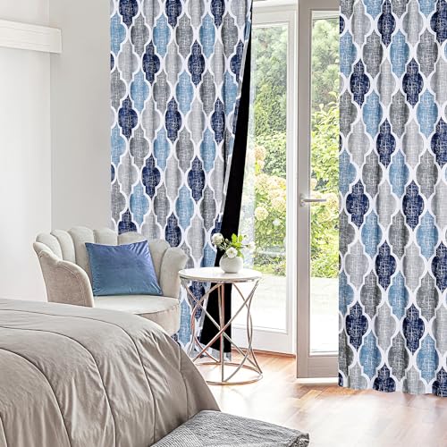 Beauoop Moroccan 100% Blackout Curtains Bedroom Blue Grey 50x72 2 Panels - color: Rod Pocket | Blue and Grey, size: 50"W x 72"L (Pack of 2)