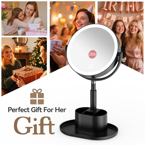 20X Magnifying Mirror with Lights and Storage, Double Sided Vanity Mirror - color: Black