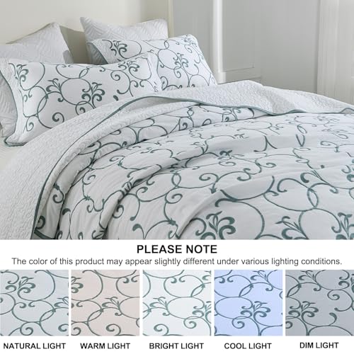 Oversized King Bedspread 120"x120" - 100% Cotton California King Quilt, Embroidered Bedspread Coverlet with Pillow Shams, Lightweight Quilted Bedding Set 3 Piece, Aqua Blue/White - color: White/Aqua Blue(turquoise), size: King/Cal King(120"x120")