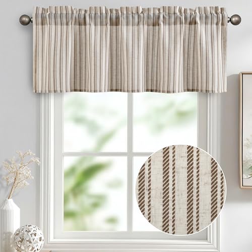 JIUZHEN 42x18 Inch Kitchen Valance - Thick Textured Linen Striped Window Valance Curtain with 3" Rod Pocket, Vertical Striped Brown (1 Panel) - color: Vertical Striped Brown, size: 42"W x 18"L (Pack of 1)