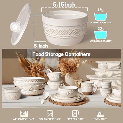 Artena Meal Prep Containers 22 OZ, 4 Pack Snack Containers, Reusable Food Storage Containers With Lids For Soup Yogurt Oatmeal Lunch Breakfast, Ceramic Cereal Bowls (White, Willow Leaf) - size: 5.15 inch (Willow Leaf, White)