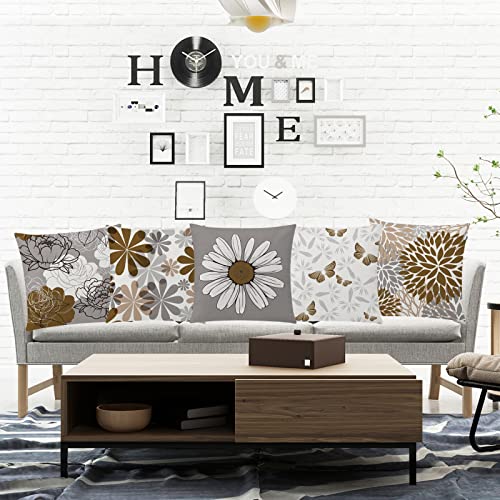 COMMINY Brown Grey Pillow Covers 16x16 Set of 6 Decorative Daisy Flower Throw Pillow Cover for Couch Modern Farmhouse Cushion Cover for Sofa Patio Bed Living Room Home Decor - color: Grey Brown, size: 16" x 16" (Pack of 6)