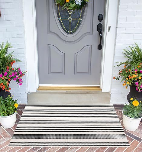 Black and White Striped Doormat 24"x35"Cotton Washable Fall Layering Rug - color: White Striped, size: 2' x 3' (Rectangular)