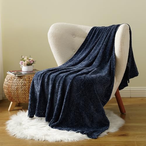 BATTILO HOME Navy Throw Blanket for Couch, Dark Blue Throw Blankets for Sofa, Chair, Living Room, Chenille Knit Throw Blankets for Bed Living Room Home Decor, 51"x67" - color: Navy