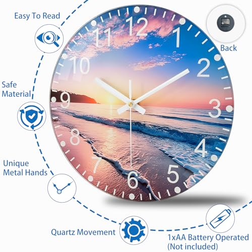 Battery Operated Wall Clock with Beach Sunset Pattern - 10 Inch Thick Glass Silent Non Ticking Analog Clock, Quartz Large Numbers Modern Wall Clocks for Living Room Bedroom Bathroom Office Gym - color: Blue Red, size: 10 Inch