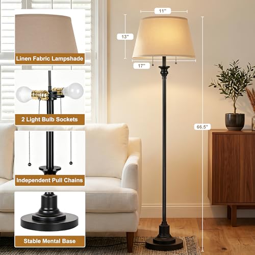 2-Light Floor Lamp for living room, 66.5'' Rustic Farmhouse Pole Lamp with Double Pull Chain, Mid Century Vintage Tall Standing Lamp for Bedroom Home Decor(3 Color Temperatures Bulb Included), Black - color: Black