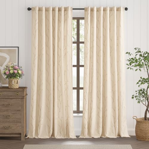 jinchan Lined Curtains Botanical Embroidered Sheers for Bedroom 96 Inch Length Embroidery Voile Leaf Curtains for Living Room Light Filtering Privacy Window Treatments 2 Panels Beige - color: Vine Lined Beige, size: 55"W x 96"L (Pack of 2)