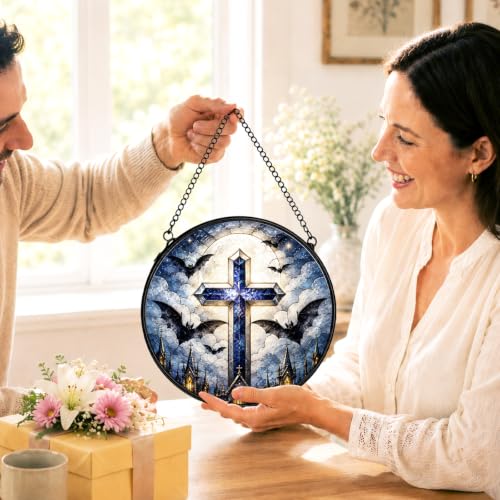 Gothic Cross Bat Moon Stained Glass Window Hanging Decor 575XT-BLGH - color: Crucifix-12