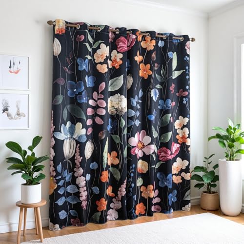Floral Blackout Curtains 84 inches Long 2 Panels Set, Rustic Vintage Flowers Blossom Patterned Print Thermal Insulated Window Treatment Drapes Room Darkening for Bedroom Living Room 42x84 inch - color: Black Colorful, size: 42"W x 84"L (Pack of 2)