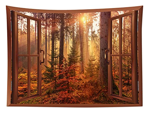 HVEST Fall Tapestry Autumn Maple Tree Forest Scenery outside Window Tapestry for Bedroom, Rustic Thanksgiving Wall Art for Living Room Dorm Holiday Wall Decor, 60W X 40H Inches - color: Brown, size: 40"L x 60"W