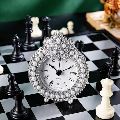 Small Tabletop Clock, Battery Operated Metal Clock with Rhinestone for Bedside, Table, Living Room, Home & Office, Quartz Analog Movement - color: White a