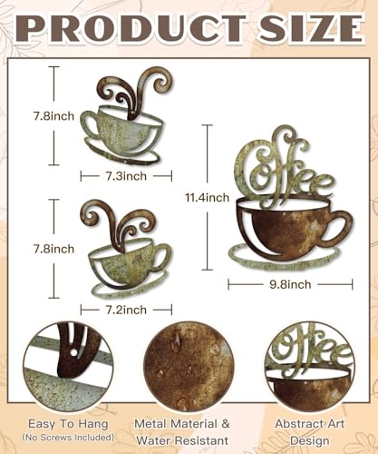 Putuo Decor Rustic Coffee Cup Metal Wall Decor, Vintage Coffee Bar Kitchen Wall Art, Set of 3 Farmhouse Bar Accessories Hanging for Dining Room Cafe Bakery - color: Rustic Coffee Cup