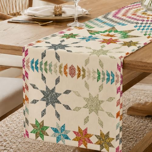 Boho Mandala Table Runner, Retro Colorful Geometric Star Linen Runner 72" - color: Multi Color