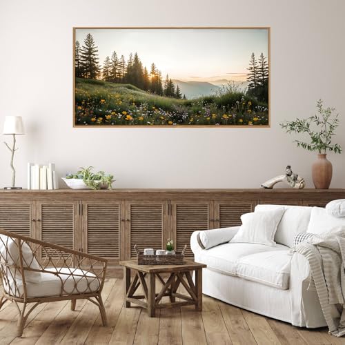 FWIEXA Green Forest Mountain Framed Canvas Wall Art Set, Wildflower Meadow Wall Decor, Floral Pictures Artwork, Nature Sunset Landscape Art Prints for Living Room, Bedroom, Office - Size 20"x40" - color: Meadow Forest, size: 40"L x 20"W