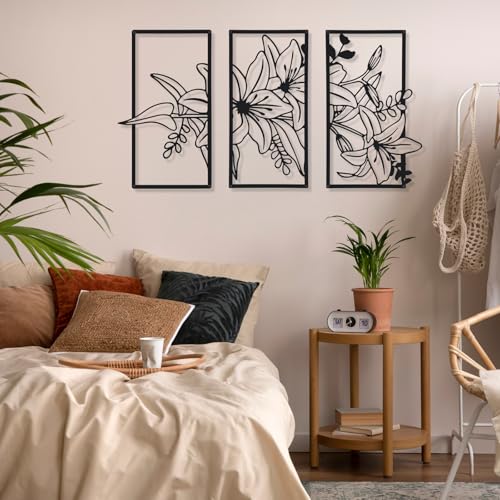 Therwen Black Metal Wall Art Minimalist Floral Hanging, Classic Style - style: Three Flower