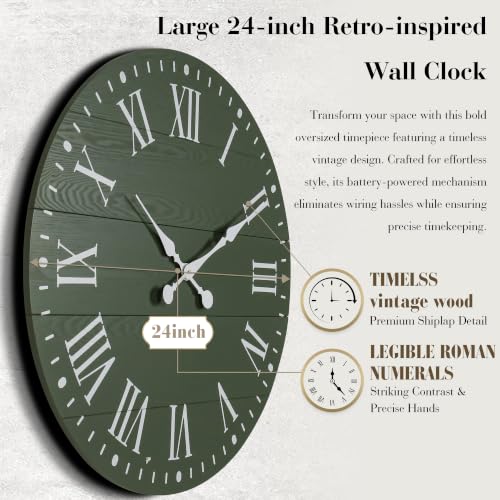 Large Wall Clock with Roman Numeral, 24” Shiplap Farmhouse Clock - color: Green, size: 24 Inch