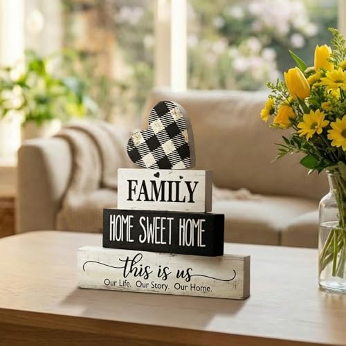Smile 4 Pcs Family Wooden Tabletop Decor Home Sweet Home Tiered Tray Decoration, Rustic Retro Neutral Wood Heart-Shaped Block Sign, Suitable for Home Shelves Fireplace Mantels - style: Sweet Home