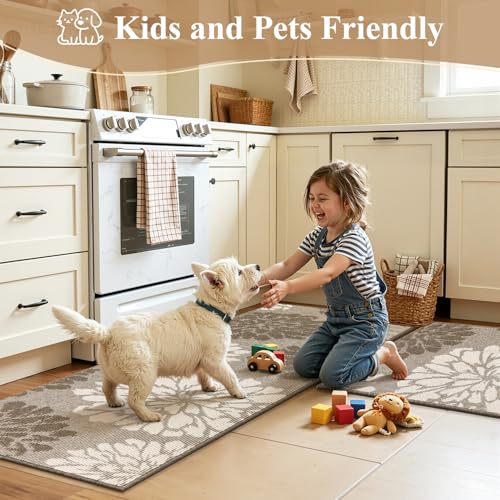 Findosom Kitchen Rugs Sets of 2, Floral Washable Kitchen Runner Rug, Brown - color: Brown, size: 24" x 36" + 24" x 60"