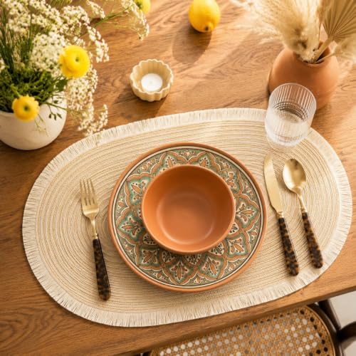 FAVE Boho Oval Woven Placemats Set of 6, Washable Table Mats with Tassels - color: Beige