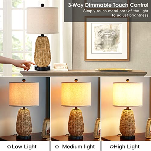 CINSARY Touch Control Rattan Table Lamps, 3 Way Dimmable Bedside Lamps for Bedroom Set of 2 with 2 USB Ports and AC Outlet, Nightstand Lamps for Living Room (LED Bulbs Included), Grass - color: Grass