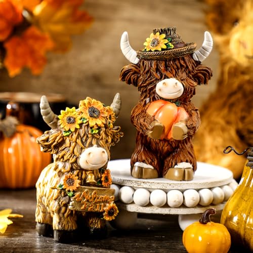 2 Pack Fall Highland Cow Figurines Decor, Resin Fall Table Decor - style: Fall