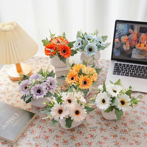 6PCS Artificial Sunflower with Ceramic Vases – Centerpiece Table Decoration - color: Sunflower-multicolor
