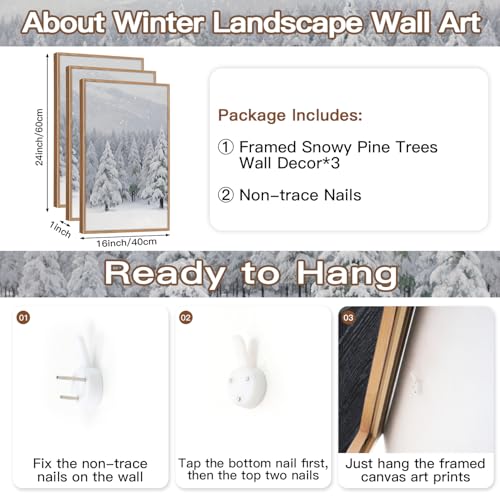 CHDITB 3 Pcs Snowy Winter Forest Landscape Framed Wall Art 16x24 Inch - color: Snowy Christmas Pine Trees, size: 16"L x 24"W