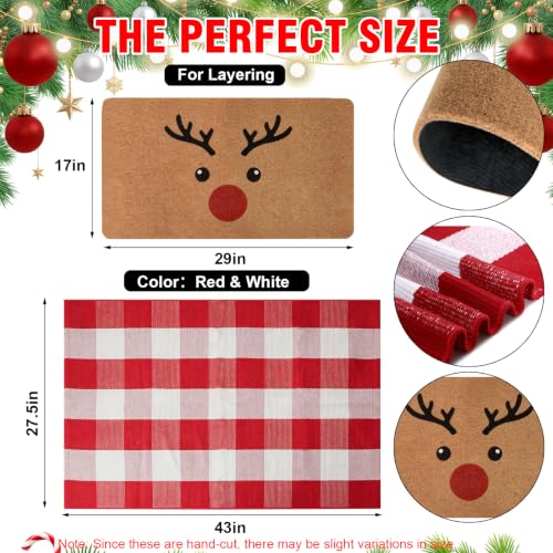 2-Piece Christmas Door Mat Set, Coir Welcome Mat & Red White Plaid Mat - color: Red and White