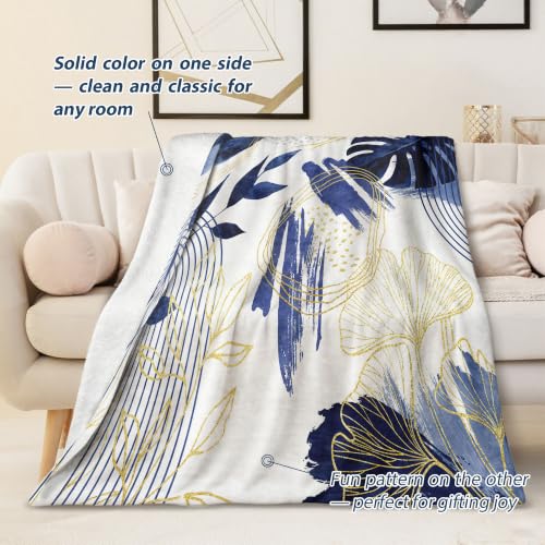Blue Leaf Throw Blanket, Navy Blue and Gold, 60x80 in - color: Blue, size: 60"Wx80"L