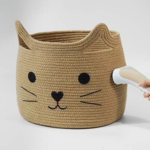 Large Woven Rope Cat Toy Basket with Cat Face Design, Jute - color: Jute, size: 15.7"W x 11.8"H