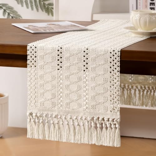 Beige Woven Table Runner Cotton Linen Boho with Tassels 11"×60" - color: Beige, size: 11" × 60"