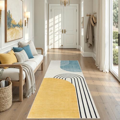 DCX 2x6 Area Rug Living Room: Modern Washable Indoor Carpet Blue & Yellow - color: Yellow & Blue, size: 2' x 6' (Rectangular)
