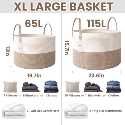 JMvicyroam 115L Extra Large Machine Washable Cotton Rope Blanket Basket - color: White&Brown, size: 115L