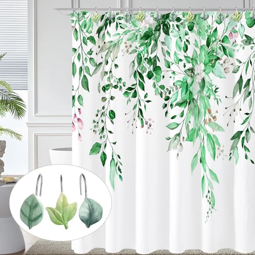 Green Plant Leaf Shower Curtain Hooks,Eucalyptus Bathroom Decor,12PCS - color: Green