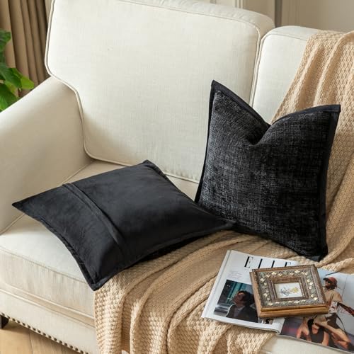 Yaertun Pack of 2 Chenille Textured Decorative Throw Pillow Covers Accent Solid Cushion Cover Soft Cozy Pillow Case with Velvet Back for Couch Sofa Bed Living Room 16x16 Inch Black - color: Black, size: 16" x 16" (Pack of 2)