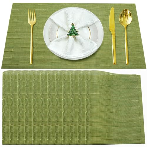 Green Vinyl Placemats Set of 12,Washable Dining PVC Table Mats - color: A-green, size: 12PCS 12"Wx18"L