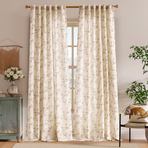 Lazzzy Extra Long Taupe Vintage Floral Linen Curtains Farmhouse 2 Panels - color: Taupe on Beige, size: 50"W x 108"L (Pack of 2)