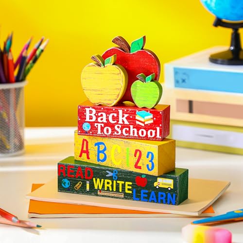 Geelin 4 Pcs Back to School Wooden Table Decor Apple Tiered Tray Decor - style: Apple