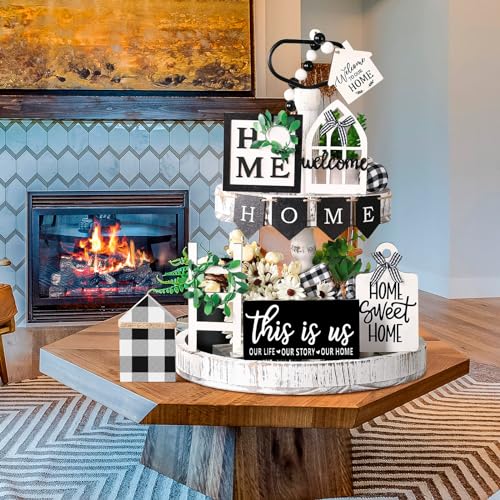 FairySandy 11 Pcs Home Tiered Tray Decor This is us Rustic Wooden Signs - style: Plaid