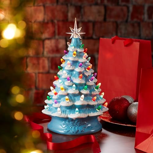Casafield Hand Painted Ceramic Christmas Tree, Blue Snow Flocked 15-Inch Pre-Lit Tree with 128 Multi Color Lights and 2 Star Toppers - color: Blue Snow Flocked