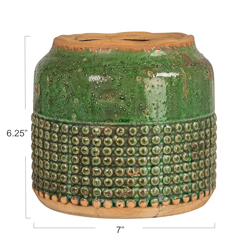 Creative Co-Op Round Terra-Cotta Hobnail Planter Vase with Heavily Distressed Finish, Green - color: Green, size: 7.25" diameter x 6.25" tall