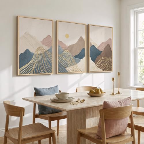 Framed Neutral Abstract Mountain 3 Piece Wall Art for Living Room, 24x36 In - color: Neutral Brown Blue, size: 24" W x 36" H x 3Pcs
