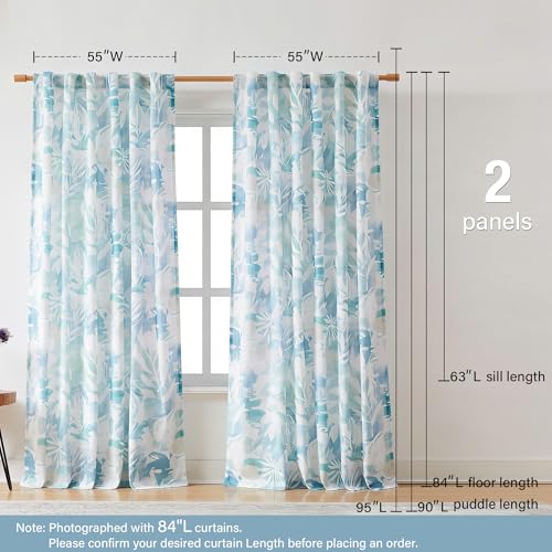 Aqua Floral Print Coastal Linen Sheer Curtains 55x90 Living Room Blue White - color: Back Tab- Semi Sheer- Aqua Blue, size: 55"W x 90"L (Pack of 2)
