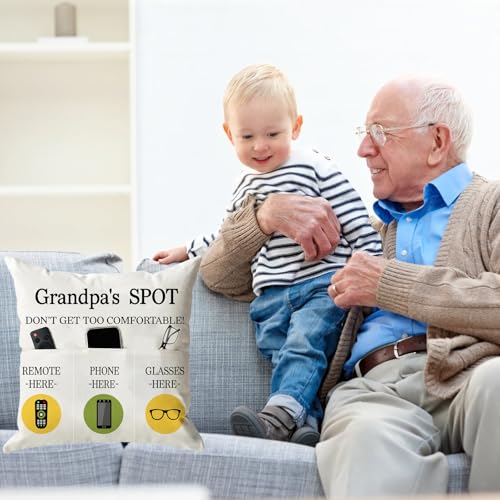 ONFAON Grandpa Gifts,Grandpa's Spot Throw Pillow Covers 18x18 Inch,Put Phone Glasses and Remote Control Pillowcase,Birthday Christmas Thanksgiving Day Gifts for Grandpa Stepdad,3-Pocket - color: Grandpa 3-pocket