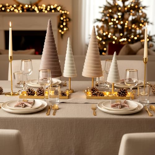 Hoolerry 4 Pcs Christmas Velvet Trees with Gold Pedestal, Nude Tone - color: Nude Tone